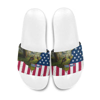 Custom American Flag Turkey Hunting Slide Sandals with Illinois State Outline Country Farm Scene - Wonder Print Shop