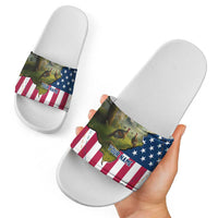 Custom American Flag Turkey Hunting Slide Sandals with Illinois State Outline Country Farm Scene - Wonder Print Shop