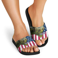 Custom American Flag Turkey Hunting Slide Sandals with Illinois State Outline Country Farm Scene - Wonder Print Shop