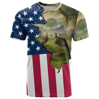 Custom American Flag Turkey Hunting T Shirt with Illinois State Outline Country Farm Scene - Wonder Print Shop