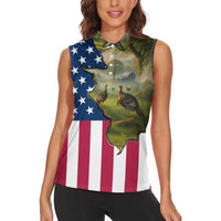 Custom American Flag Turkey Hunting Women Sleeveless Polo Shirt with Illinois State Outline Country Farm Scene - Wonder Print Shop