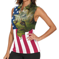 Custom American Flag Turkey Hunting Women Sleeveless Polo Shirt with Illinois State Outline Country Farm Scene - Wonder Print Shop