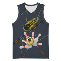 Custom Golden Bowling Shirts For Men, Flame Bowling Basketball Jersey with Flaming Bowling Ball Striking Pins And Geometric Line Pattern - Wonder Print Shop