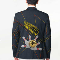 Custom Golden Bowling Shirts For Men, Flame Bowling Blazer with Flaming Bowling Ball Striking Pins And Geometric Line Pattern - Wonder Print Shop