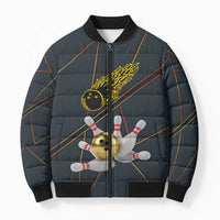 Custom Golden Bowling Shirts For Men, Flame Bowling Bomber Puffer Jacket with Flaming Bowling Ball Striking Pins And Geometric Line Pattern - Wonder Print Shop