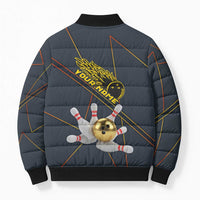 Custom Golden Bowling Shirts For Men, Flame Bowling Bomber Puffer Jacket with Flaming Bowling Ball Striking Pins And Geometric Line Pattern - Wonder Print Shop