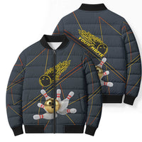 Custom Golden Bowling Shirts For Men, Flame Bowling Bomber Puffer Jacket with Flaming Bowling Ball Striking Pins And Geometric Line Pattern - Wonder Print Shop