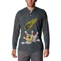 Custom Golden Bowling Shirts For Men, Flame Bowling Button Sweatshirt with Flaming Bowling Ball Striking Pins And Geometric Line Pattern - Wonder Print Shop