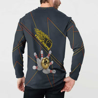 Custom Golden Bowling Shirts For Men, Flame Bowling Button Sweatshirt with Flaming Bowling Ball Striking Pins And Geometric Line Pattern - Wonder Print Shop