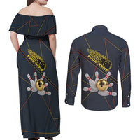 Custom Golden Bowling Shirts For Men, Flame Bowling Couples Matching Off Shoulder Maxi Dress and Long Sleeve Button Shirt with Flaming Bowling Ball Striking Pins And Geometric Line Pattern - Wonder Print Shop