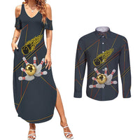 Custom Golden Bowling Shirts For Men, Flame Bowling Couples Matching Summer Maxi Dress and Long Sleeve Button Shirt with Flaming Bowling Ball Striking Pins And Geometric Line Pattern - Wonder Print Shop