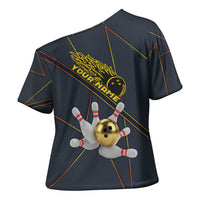 Custom Golden Bowling Shirts For Men, Flame Bowling Cross Shoulder Shirt with Flaming Bowling Ball Striking Pins And Geometric Line Pattern - Wonder Print Shop