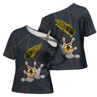 Custom Golden Bowling Shirts For Men, Flame Bowling Cross Shoulder Shirt with Flaming Bowling Ball Striking Pins And Geometric Line Pattern - Wonder Print Shop