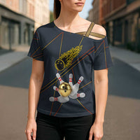 Custom Golden Bowling Shirts For Men, Flame Bowling Cross Shoulder Shirt with Flaming Bowling Ball Striking Pins And Geometric Line Pattern - Wonder Print Shop