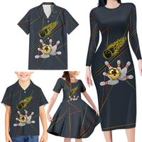 Custom Golden Bowling Shirts For Men, Flame Bowling Family Matching Long Sleeve Bodycon Dress and Hawaiian Shirt with Flaming Bowling Ball Striking Pins And Geometric Line Pattern - Wonder Print Shop