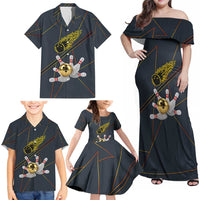 Custom Golden Bowling Shirts For Men, Flame Bowling Family Matching Off Shoulder Maxi Dress and Hawaiian Shirt with Flaming Bowling Ball Striking Pins And Geometric Line Pattern - Wonder Print Shop