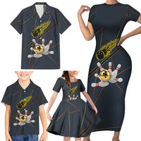 Custom Golden Bowling Shirts For Men, Flame Bowling Family Matching Short Sleeve Bodycon Dress and Hawaiian Shirt with Flaming Bowling Ball Striking Pins And Geometric Line Pattern - Wonder Print Shop