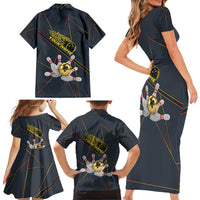 Custom Golden Bowling Shirts For Men, Flame Bowling Family Matching Short Sleeve Bodycon Dress and Hawaiian Shirt with Flaming Bowling Ball Striking Pins And Geometric Line Pattern - Wonder Print Shop