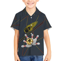 Custom Golden Bowling Shirts For Men, Flame Bowling Family Matching Short Sleeve Bodycon Dress and Hawaiian Shirt with Flaming Bowling Ball Striking Pins And Geometric Line Pattern - Wonder Print Shop