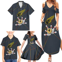 Custom Golden Bowling Shirts For Men, Flame Bowling Family Matching Summer Maxi Dress and Hawaiian Shirt with Flaming Bowling Ball Striking Pins And Geometric Line Pattern - Wonder Print Shop