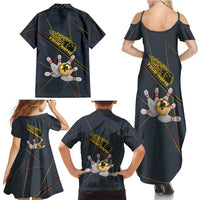 Custom Golden Bowling Shirts For Men, Flame Bowling Family Matching Summer Maxi Dress and Hawaiian Shirt with Flaming Bowling Ball Striking Pins And Geometric Line Pattern - Wonder Print Shop