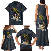 Custom Golden Bowling Shirts For Men, Flame Bowling Family Matching Tank Maxi Dress and Hawaiian Shirt with Flaming Bowling Ball Striking Pins And Geometric Line Pattern - Wonder Print Shop