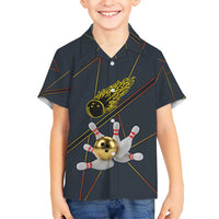 Custom Golden Bowling Shirts For Men, Flame Bowling Hawaiian Shirt with Flaming Bowling Ball Striking Pins And Geometric Line Pattern - Wonder Print Shop