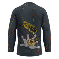 Custom Golden Bowling Shirts For Men, Flame Bowling Hockey Jersey with Flaming Bowling Ball Striking Pins And Geometric Line Pattern - Wonder Print Shop