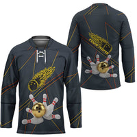 Custom Golden Bowling Shirts For Men, Flame Bowling Hockey Jersey with Flaming Bowling Ball Striking Pins And Geometric Line Pattern - Wonder Print Shop