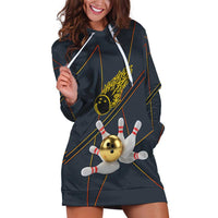 Custom Golden Bowling Shirts For Men, Flame Bowling Hoodie Dress with Flaming Bowling Ball Striking Pins And Geometric Line Pattern - Wonder Print Shop