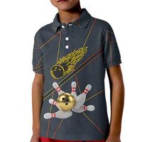 Custom Golden Bowling Shirts For Men, Flame Bowling Kid Polo Shirt with Flaming Bowling Ball Striking Pins And Geometric Line Pattern - Wonder Print Shop