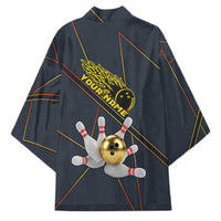 Custom Golden Bowling Shirts For Men, Flame Bowling Kimono with Flaming Bowling Ball Striking Pins And Geometric Line Pattern - Wonder Print Shop