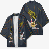 Custom Golden Bowling Shirts For Men, Flame Bowling Kimono with Flaming Bowling Ball Striking Pins And Geometric Line Pattern - Wonder Print Shop