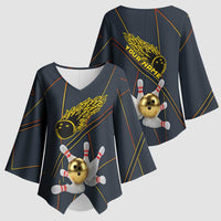 Custom Golden Bowling Shirts For Men, Flame Bowling Kimono Sleeve Blouse with Flaming Bowling Ball Striking Pins And Geometric Line Pattern - Wonder Print Shop