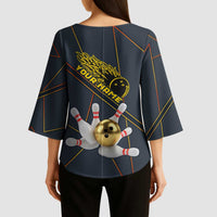 Custom Golden Bowling Shirts For Men, Flame Bowling Kimono Sleeve Blouse with Flaming Bowling Ball Striking Pins And Geometric Line Pattern - Wonder Print Shop