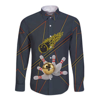 Custom Golden Bowling Shirts For Men, Flame Bowling Long Sleeve Button Shirt with Flaming Bowling Ball Striking Pins And Geometric Line Pattern - Wonder Print Shop