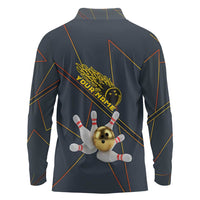 Custom Golden Bowling Shirts For Men, Flame Bowling Long Sleeve Polo Shirt with Flaming Bowling Ball Striking Pins And Geometric Line Pattern - Wonder Print Shop