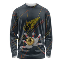 Custom Golden Bowling Shirts For Men, Flame Bowling Long Sleeve Shirt with Flaming Bowling Ball Striking Pins And Geometric Line Pattern - Wonder Print Shop