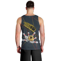 Custom Golden Bowling Shirts For Men, Flame Bowling Men Tank Top with Flaming Bowling Ball Striking Pins And Geometric Line Pattern - Wonder Print Shop