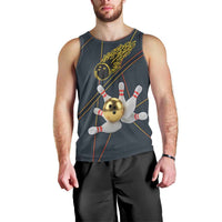 Custom Golden Bowling Shirts For Men, Flame Bowling Men Tank Top with Flaming Bowling Ball Striking Pins And Geometric Line Pattern - Wonder Print Shop