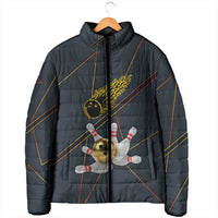 Custom Golden Bowling Shirts For Men, Flame Bowling Padded Jacket with Flaming Bowling Ball Striking Pins And Geometric Line Pattern - Wonder Print Shop