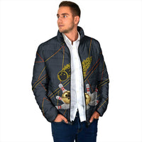 Custom Golden Bowling Shirts For Men, Flame Bowling Padded Jacket with Flaming Bowling Ball Striking Pins And Geometric Line Pattern - Wonder Print Shop