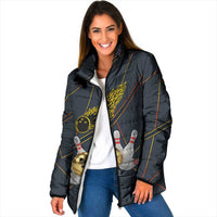 Custom Golden Bowling Shirts For Men, Flame Bowling Padded Jacket with Flaming Bowling Ball Striking Pins And Geometric Line Pattern - Wonder Print Shop