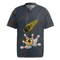 Custom Golden Bowling Shirts For Men, Flame Bowling Rugby Jersey with Flaming Bowling Ball Striking Pins And Geometric Line Pattern - Wonder Print Shop
