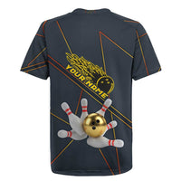 Custom Golden Bowling Shirts For Men, Flame Bowling Rugby Jersey with Flaming Bowling Ball Striking Pins And Geometric Line Pattern - Wonder Print Shop