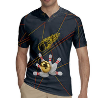 Custom Golden Bowling Shirts For Men, Flame Bowling Rugby Jersey with Flaming Bowling Ball Striking Pins And Geometric Line Pattern - Wonder Print Shop