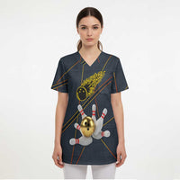 Custom Golden Bowling Shirts For Men, Flame Bowling Scrub Top with Flaming Bowling Ball Striking Pins And Geometric Line Pattern - Wonder Print Shop