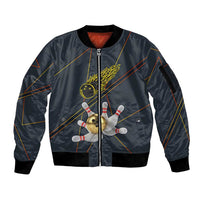 Custom Golden Bowling Shirts For Men, Flame Bowling Sleeve Zip Bomber Jacket with Flaming Bowling Ball Striking Pins And Geometric Line Pattern - Wonder Print Shop