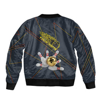 Custom Golden Bowling Shirts For Men, Flame Bowling Sleeve Zip Bomber Jacket with Flaming Bowling Ball Striking Pins And Geometric Line Pattern - Wonder Print Shop