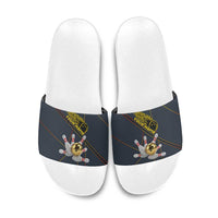 Custom Golden Bowling Shirts For Men, Flame Bowling Slide Sandals with Flaming Bowling Ball Striking Pins And Geometric Line Pattern - Wonder Print Shop